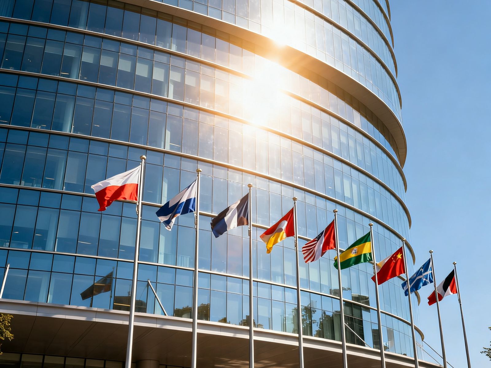 全球世界杯资讯网位于美国佛罗里达州迈阿密市的总部办公大楼外观，现代化玻璃幕墙建筑，楼前矗立着多国国旗，阳光明媚的午后景象