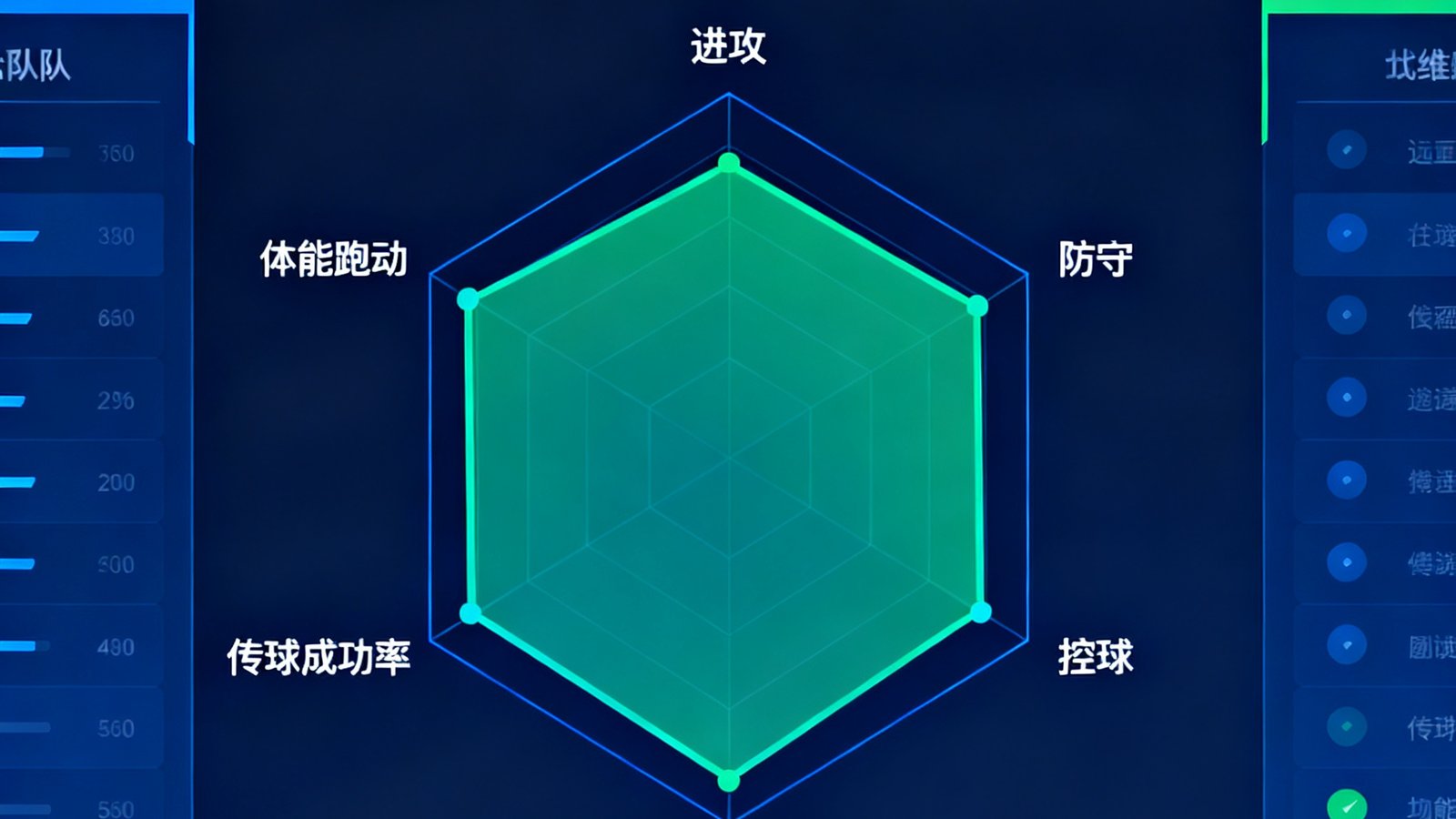 2026世界杯官网数据统计模块界面，展示两支球队的六维雷达对比图，包含进攻、防守、控球、射门转化率、传球成功率、体能跑动等指标